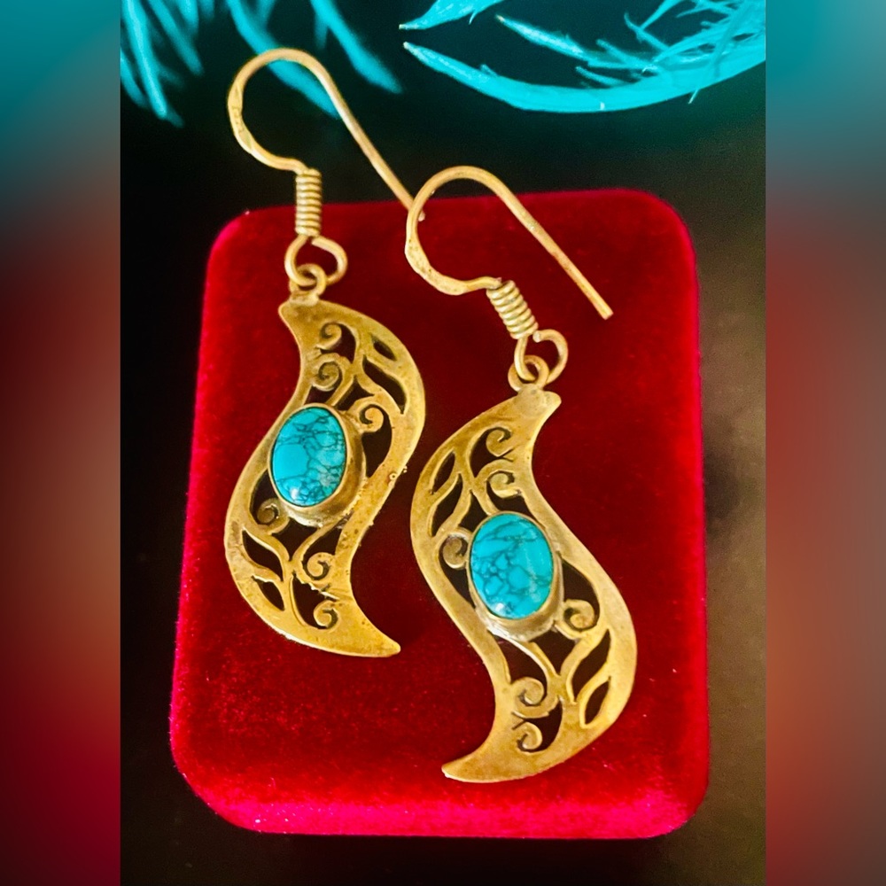 Vintage Boho Brass and Turquoise Earrings - Picture 2 of 15